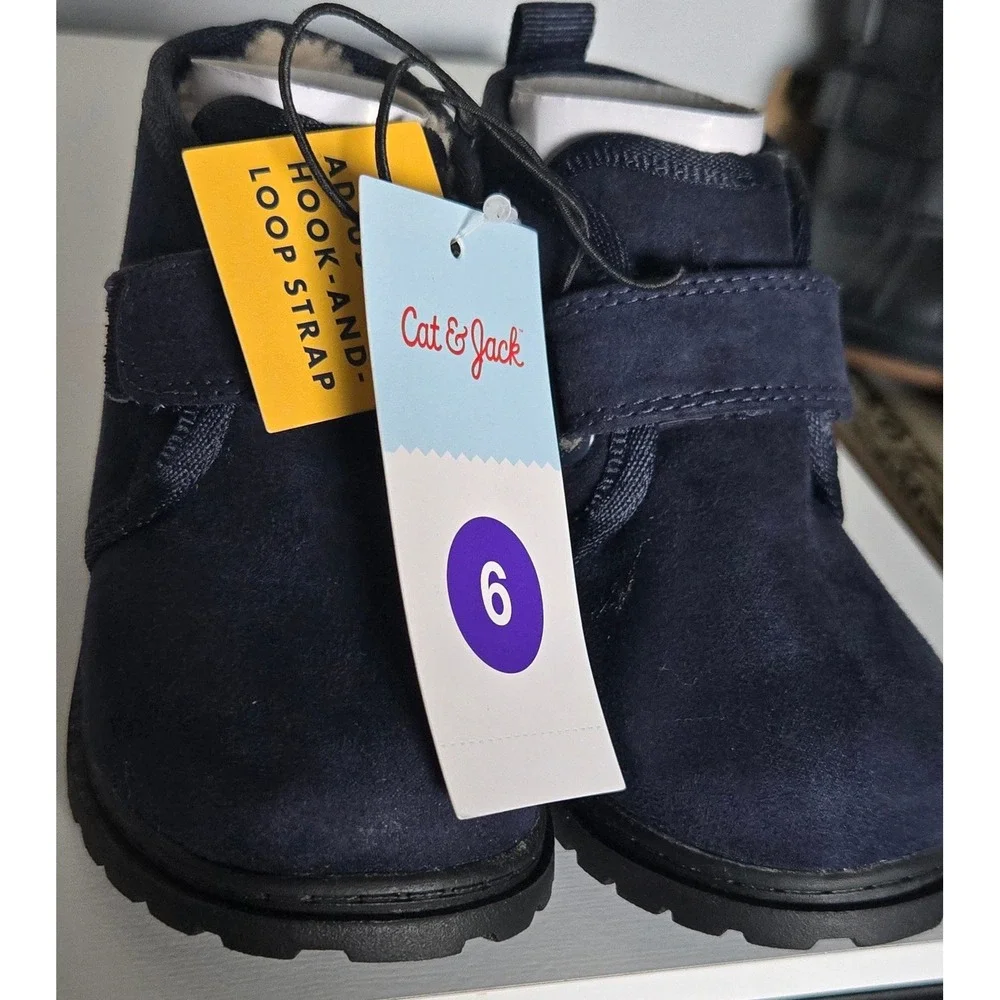 Cat & Jack Magnus Navy Blue Faux Suede Faux Fur Lined Toddler Boots Size 6 NEW